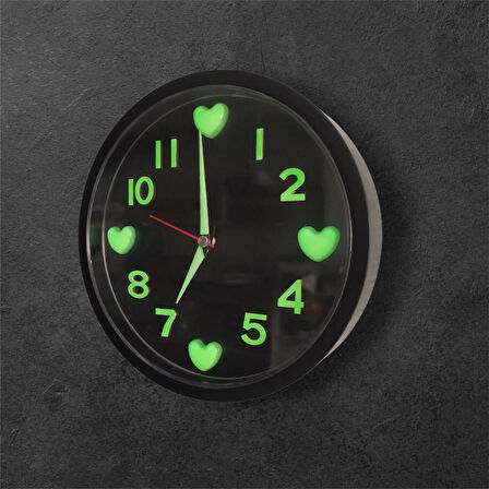 Fosforlu 3d Kalpli Siyah Küçük Duvar Saati Fosforlu Küpe Zincirli Kolye Seti