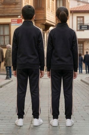 Unisex Çocuk Dik Yaka Üç Şeritli Şardonlu Dalgıç Eşofman Takımı