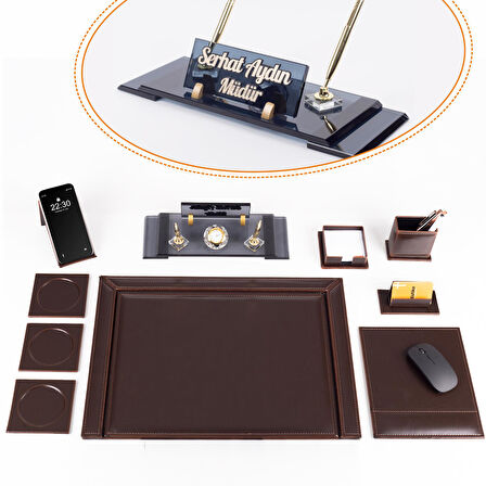 10 Parça Eskitme Desenli Kahverengi Deri Sümen Takımı ve Kristal Masa İsimliği Ofis Masa Sümen Seti