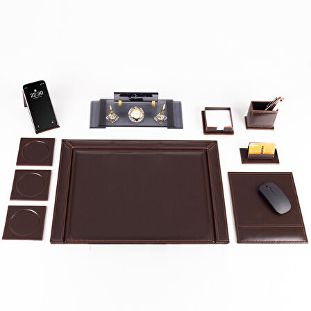 10 Parça Eskitme Desenli Kahverengi Deri Sümen Takımı ve Kristal Masa İsimliği Ofis Masa Sümen Seti