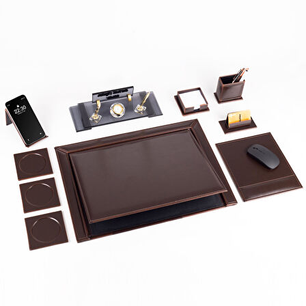10 Parça Eskitme Desenli Kahverengi Deri Sümen Takımı ve Kristal Masa İsimliği Ofis Masa Sümen Seti