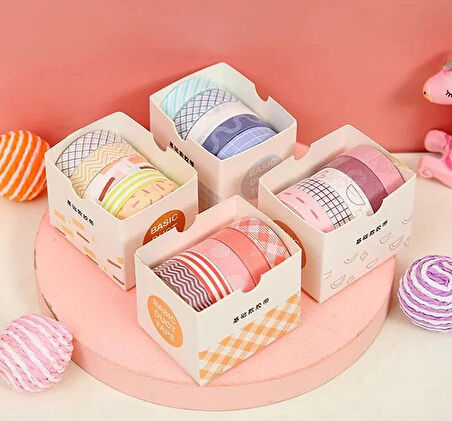 Vintage Washi Tape Bant Baskılı Yapışkanlı Maskeleme Kağıdı Desenli bant 5 li - Geometrik N4