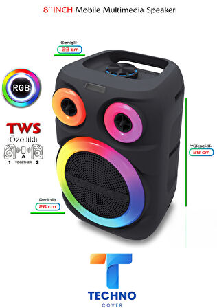 Bluetooth Özellikli Ses Bombası 8 Inch Rgb Işıklı Speaker (KLN-200)