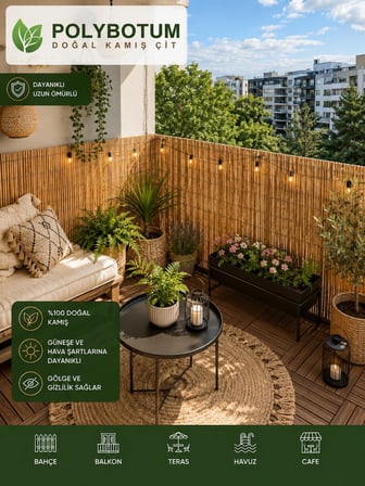 POLYBOTUM Premium Doğal Kamış Hasır Balkon Çiti 70x300 cm | Sık Dokuma | Dayanıklı | Bahçe, Teras ve Balkon İçin Dekoratif Gizlilik Çiti