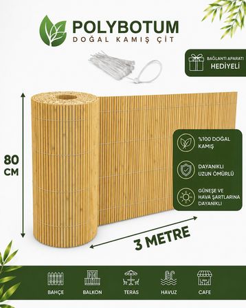 POLYBOTUM Premium Doğal Kamış Hasır Balkon Çiti 80x300 cm | Sık Dokuma | Dayanıklı | Bahçe, Teras ve Balkon İçin Dekoratif Gizlilik Çiti