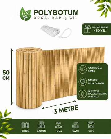 POLYBOTUM Premium Doğal Kamış Hasır Balkon Çiti 50x300 cm | Sık Dokuma | Dayanıklı | Bahçe, Teras ve Balkon İçin Dekoratif Gizlilik Çiti