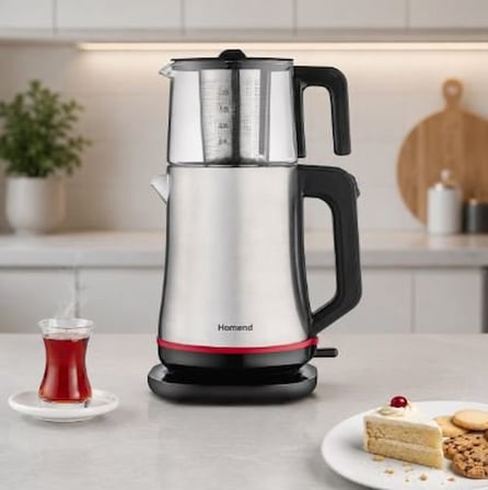 Homend Royaltea Elegant 1767H Çay Makinesi İnox Cam Demlik 1800W Sıcak Tutma Özellikli