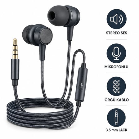 3.5mm Jak Girişli Mikrofonlu Kulak İçi Kulaklık Örgü Kablolu Stereo Bass Telefon Bilgisayar Uyumlu
