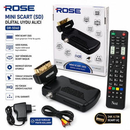 ROSE DR-5040 Mini Scart (SD) Dijital Uydu Alıcısı | 4000 Kanal | Türksat Güncelleme | Merkezi Sistem Uyumlu | 360° Döner Scart Başlık