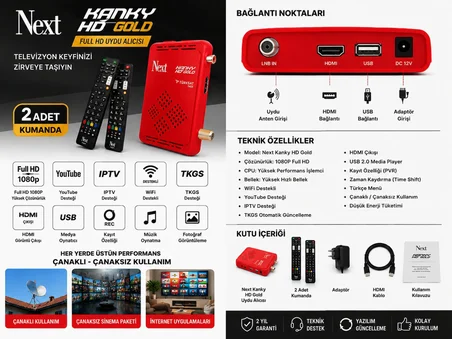 Next Kanky HD Gold Full HD Uydu Alıcısı  2. Kumanda Hediye  YouTube IPTV Destekli  WiFi Destekli  TKGS  HDMI  USB  Çanaklı  Çanaksız Kullanım