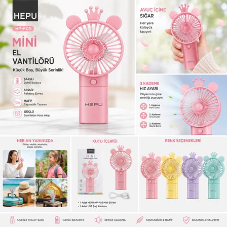 HEPU HP-F05 Şarjlı Mini El Vantilatörü USB Taşınabilir El Fanı Sessiz 3 Kademeli Çocuk ve Yetişkin Uyumlu Pembe