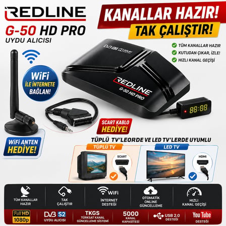 Redline G-50 HD Pro Full HD Uydu Alıcısı TKGS WiFi YouTube 5000 Kanal Tak Çalıştır Tüplü ve LED TV Uyumlu