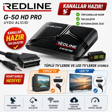 Redline G-50 HD Pro Full HD Uydu Alıcısı TKGS WiFi YouTube 5000 Kanal Tak Çalıştır Tüplü ve LED TV Uyumlu