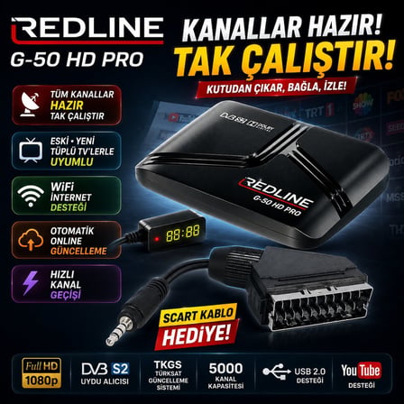 Redline G-50 HD Pro Full HD Uydu Alıcısı TKGS WiFi YouTube 5000 Kanal Tak Çalıştır Tüplü ve LED TV Uyumlu