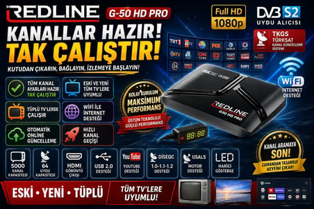 Redline G-50 HD Pro Full HD Uydu Alıcısı r Tüplü ve LED TV Uyumlu TKGS WiFi Destekli YouTube 5000 Kanal Tak Çalıştı