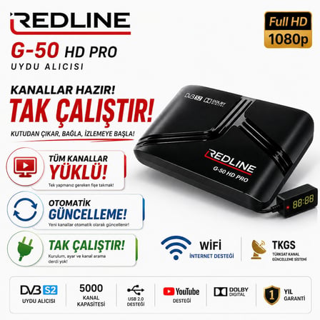 TAK ÇALIŞTIR TÜM KANALLAR AYARLI FULL HD UYDU ALICI REDLİNE G50 HD PRO
