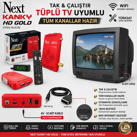 Next Kanky HD Gold Full HD Uydu Alıcısı – Tüplü TV Uyumlu AV SCART Kablolu, TKGS Otomatik Güncelleme, WiFi İnternet Destekli, Kanallar Hazır Tak Çalış