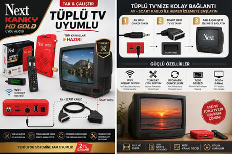 Next Kanky HD Gold Full HD Uydu Alıcısı – Tüplü TV Uyumlu AV SCART Kablolu, TKGS Otomatik Güncelleme, WiFi İnternet Destekli, Kanallar Hazır Tak Çalış