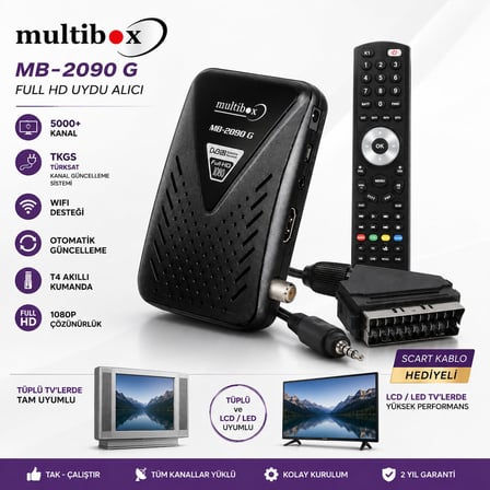 Multibox MB-2090 G Full HD Uydu Alıcısı WiFi Antenli SCART Kablolu Tüplü LCD LED TV Uyumlu TKGS Tak Çalıştır