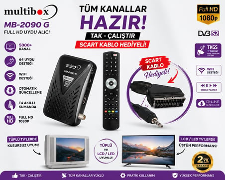 Multibox MB-2090 G Full HD Uydu Alıcısı WiFi Antenli SCART Kablolu Tüplü LCD LED TV Uyumlu TKGS Tak Çalıştır