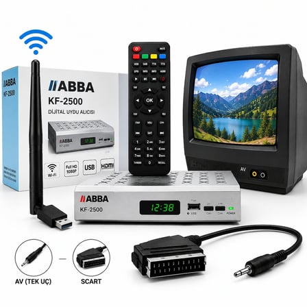 ABBA KF-2500 Full HD Mini Uydu Alıcısı WiFi Destekli Tüplü TV Uyumlu AV SCART Kablolu Tüm Kanallar Hazır Tak Çalıştır Wi-Fi Anteni Dahil