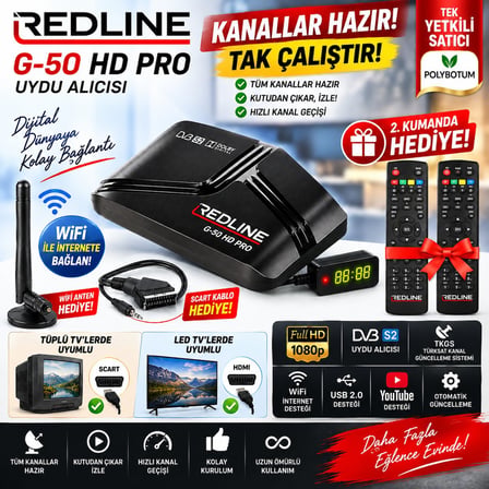 Redline G-50 HD Pro Full HD Uydu Alıcısı (2 ADET KUMANDA) TKGS WiFi YouTube 5000 Kanal Tak Çalıştır Tüplü ve LED TV Uyumlu