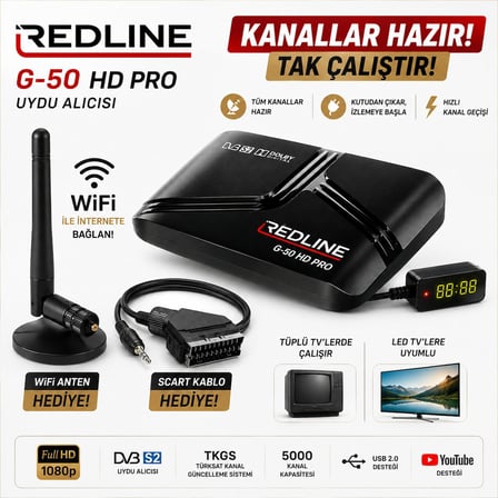 Redline G-50 HD Pro Full HD Uydu Alıcısı (2 ADET KUMANDA) TKGS WiFi YouTube 5000 Kanal Tak Çalıştır Tüplü ve LED TV Uyumlu