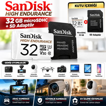 SanDisk High Endurance 32 GB microSDHC Hafıza Kartı + SD Adaptör – 100 MB/s, U3 V30 Class 10, 4K Full HD, Araç ve Güvenlik Kamerası