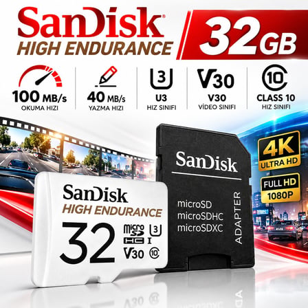 SanDisk High Endurance 32 GB microSDHC Hafıza Kartı + SD Adaptör – 100 MB/s, U3 V30 Class 10, 4K Full HD, Araç ve Güvenlik Kamerası