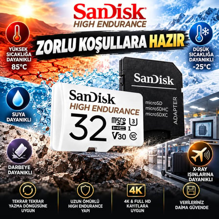 SanDisk High Endurance 32 GB microSDHC Hafıza Kartı + SD Adaptör – 100 MB/s, U3 V30 Class 10, 4K Full HD, Araç ve Güvenlik Kamerası
