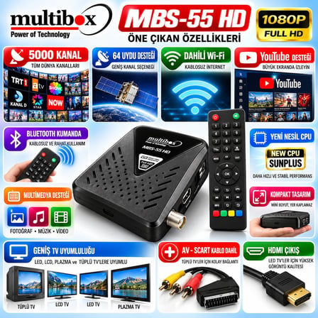 TÜPLÜ TV UYUMLU Multibox MBS-55 HD Full HD Mini Uydu Alıcısı Dahili WiFi YouTube 5000 Kanal Bluetooth Kumanda