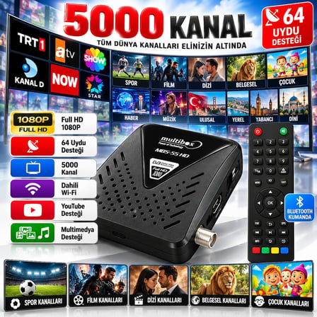 TÜPLÜ TV UYUMLU Multibox MBS-55 HD Full HD Mini Uydu Alıcısı Dahili WiFi YouTube 5000 Kanal Bluetooth Kumanda