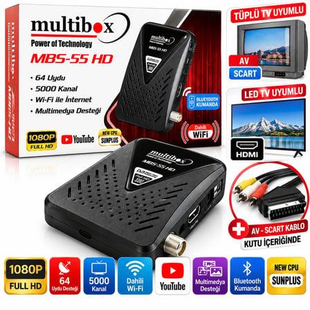 TÜPLÜ TV UYUMLU Multibox MBS-55 HD Full HD Mini Uydu Alıcısı Dahili WiFi YouTube 5000 Kanal Bluetooth Kumanda