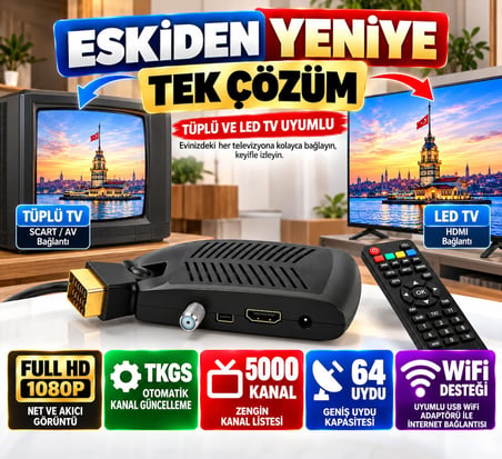 Multibox Tüplü TV Full HD Mini Gold SCART Uydu Alıcısı –  TKGS, WiFi Destekli, 5000 Kanal, 64 Uydu 