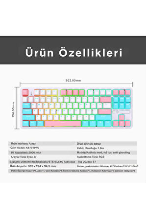 K870T Pro 3 Modlu Hot-Swap RGB, Mekanik Klavye - Beyaz