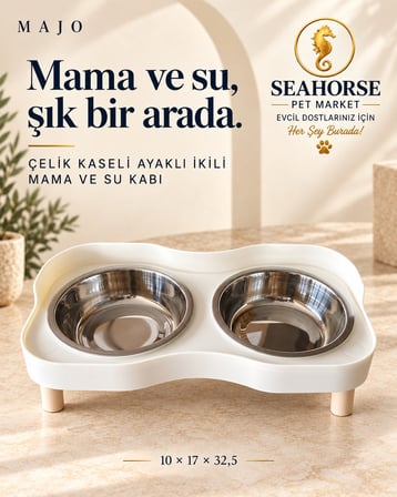 MAJO ÇELİK KASELİ AYAKLI İKİLİ MAMA VE SU KABI BEYAZ 10*17*32,5