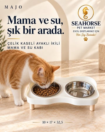 MAJO ÇELİK KASELİ AYAKLI İKİLİ MAMA VE SU KABI BEYAZ 10*17*32,5