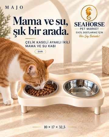 MAJO ÇELİK KASELİ AYAKLI İKİLİ MAMA VE SU KABI SARI 10*17*32,5