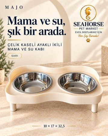 MAJO ÇELİK KASELİ AYAKLI İKİLİ MAMA VE SU KABI SARI 10*17*32,5