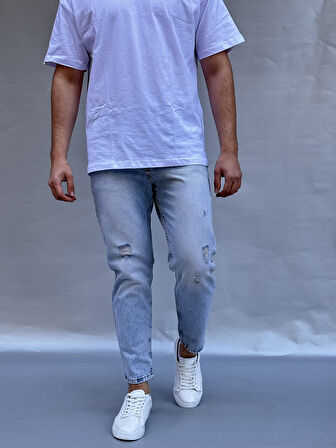 Yırtık Detay Buz Mavi Boyfriend Pantolon