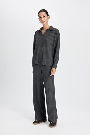 Wide Leg Geniş Paça Eşofman Altı Normal Bel Fitilli Kaşkorse Kumaş Basic Düz