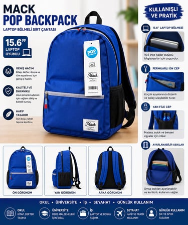 Mack Pop Backpack 15.6 İnç Laptop Bölmeli Mavi Sırt Çantası – Okul, Günlük ve Seyahat Çantası