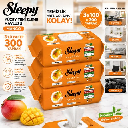 Sleepy Yüzey Temizleme Havlusu Mango 3'lü Paket | 300'lü | Pratik Islak Temizlik Mendili | Ekonomik Çoklu Paket