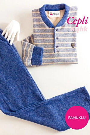 Erkek 3 Düğme Çizgili Kışlık Pamuklu Selanik Kumaş Uzun Manşetli Kol Cepli Pijama Takımı 