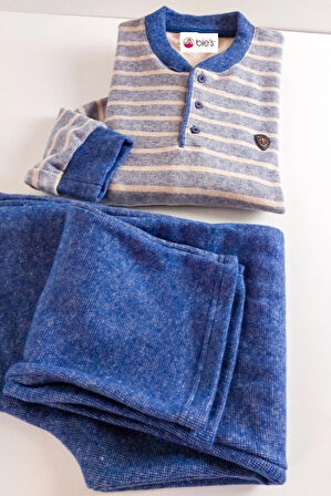 Erkek 3 Düğme Çizgili Kışlık Pamuklu Selanik Kumaş Uzun Manşetli Kol Cepli Pijama Takımı 