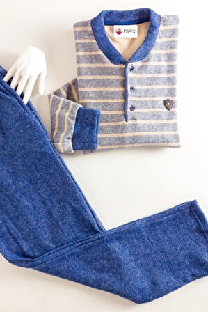 Erkek 3 Düğme Çizgili Kışlık Pamuklu Selanik Kumaş Uzun Manşetli Kol Cepli Pijama Takımı 