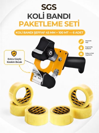 Sgs Akrilik Koli Bandı 6'lı Ekonomik Paket - 45 mm x 100 m Şeffaf Bant ve Kesme Makinesi