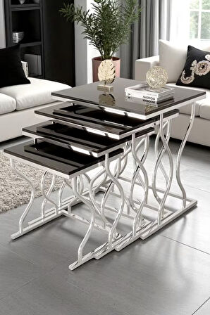 Limbo 4'lü Kare Zigon Sehpa Seti Gold Ayak, Krem Mdf