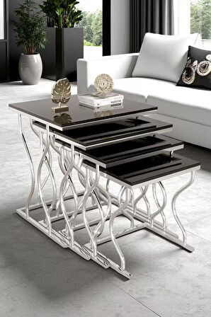 Limbo 4'lü Kare Zigon Sehpa Seti Gold Ayak, Krem Mdf