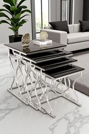 Limbo 4'lü Kare Zigon Sehpa Seti Gold Ayak, Krem Mdf